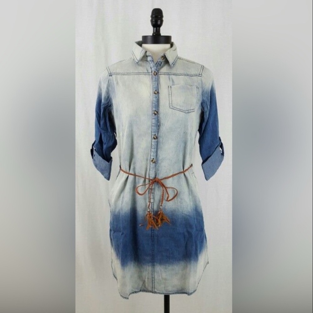 Chocolate-Blue Ombre Denim Dress w/Brown Tassels Belt - Size Large -NWOT - Picture 2 of 11